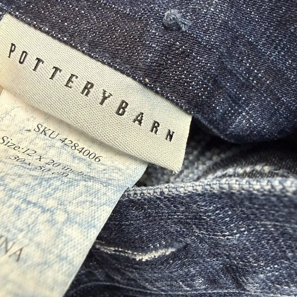 Pottery Barn Lumbar Pillow Cover Sham Cotton Denim Jean Embroidered 12x20 Blue